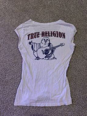 Y2K rhinestone True Religion world tour White V-Neck Logo Tee XS